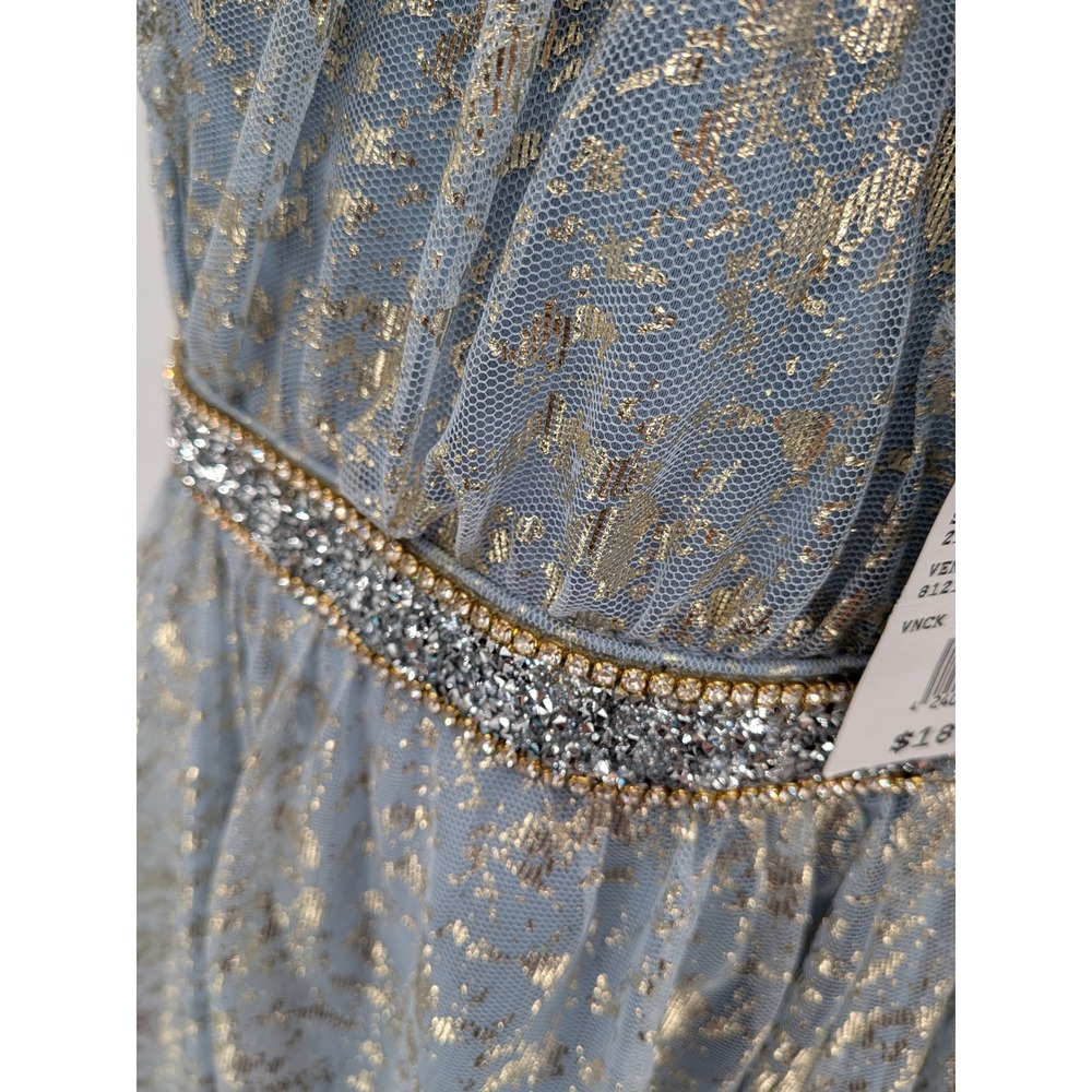 Prom Wedding Fairy Elegant Icy Blue Gold Metallic David's Bridal Maxi 21 Dress - Picture 7 of 12